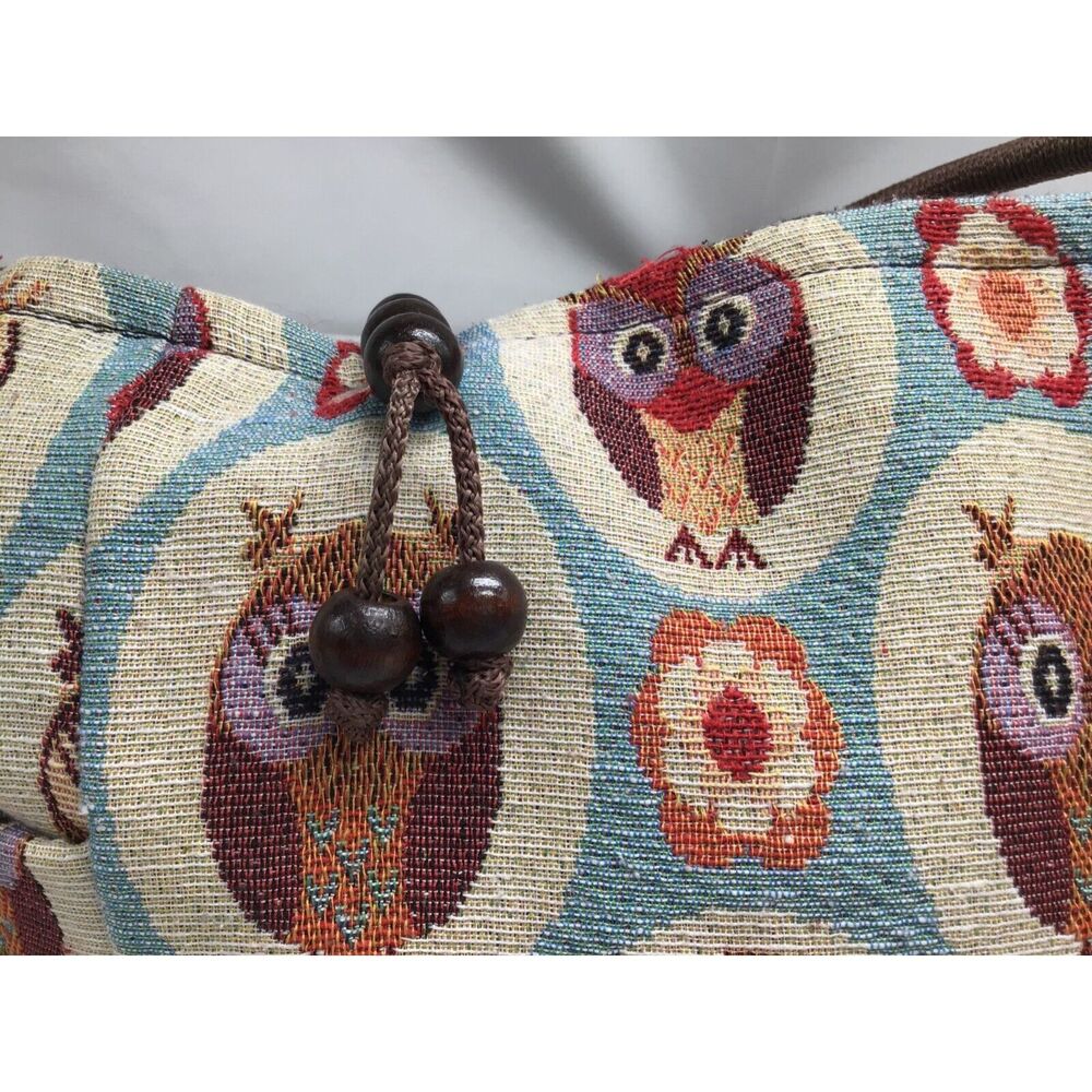 Owl Canvas Tote Handbag Zipper Lined Wooden Beads Shoulder Bag - Picture 9 of 10